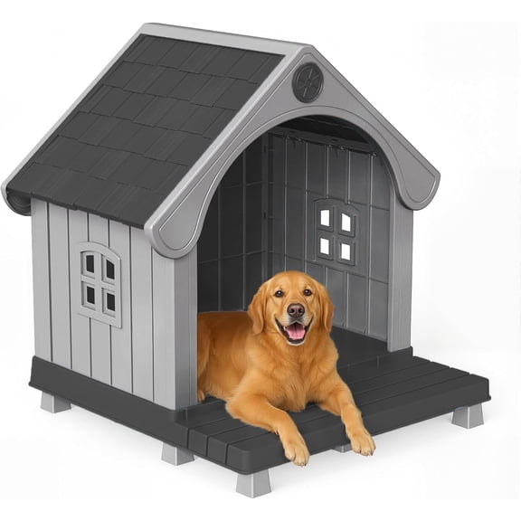 ZUCONKITCH Indoor/Outdoor Elevated Dog House with Porch, Weather-Resistant Pet Shelter with Sloped Roof & Ventilation, Durable Dog Kennel for Medium to Large Dogs