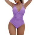 thumbnail image 2 of Traje de baño de una pieza para mujer, color sólido, cuello colgante, plisado, sin espalda, conservador, ajustado, traje de baño para mujer, traje de baño de moda de playa para mujer, trajes de baño d, 2 of 3