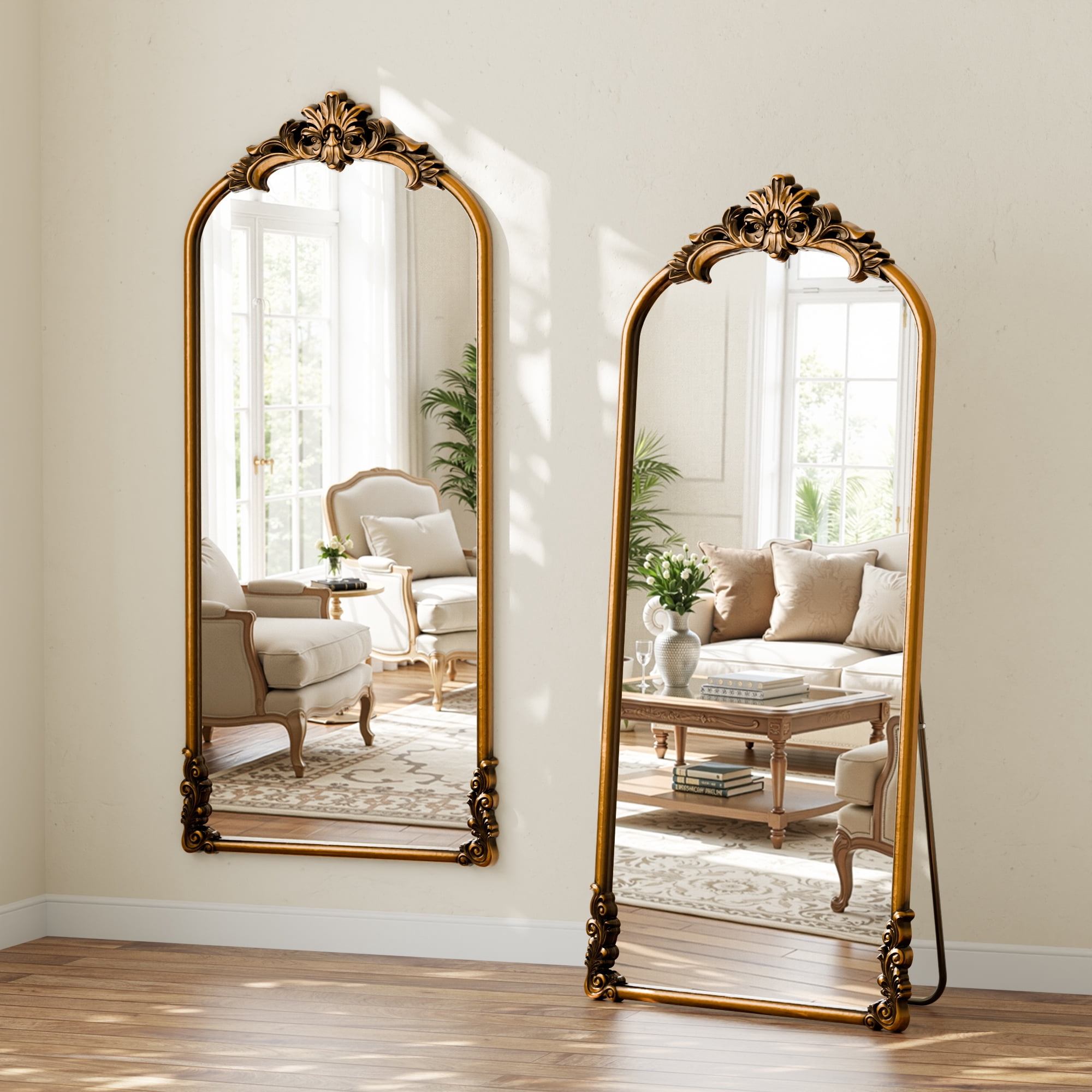 Easy4Home 69"x28" Arched Full-Length Floor Mirror Smooth Arch Top Floral Crest Standing Mirror, Antique Gold