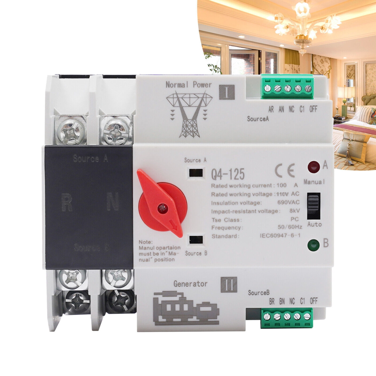 Miumaeov 110V Mini Dual Power Automatic Transfer Switch Generator Changeover Switch Tool 2P 100A