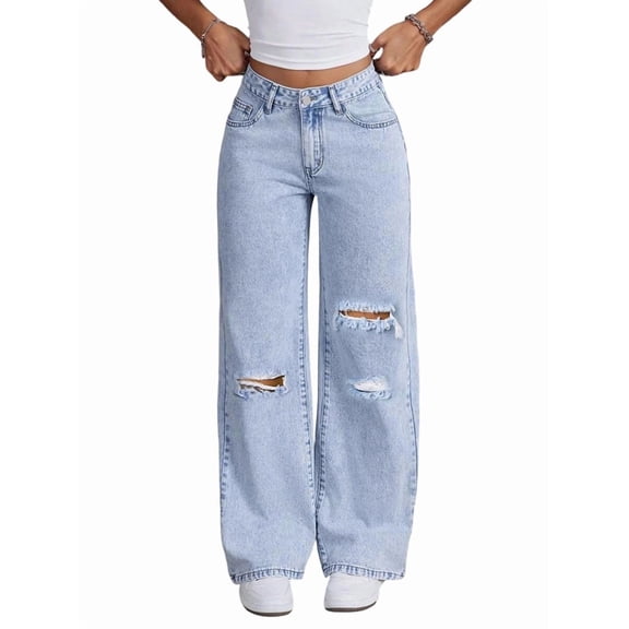 Women'S Ripped Jeans High Waisted Distressed Baggy Straight Wide Leg Pants Light Blue XS