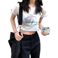 thumbnail image 2 of Corto impreso camiseta cuello redondo manga corta lindo ajuste slim fit mujeres verano Top para compras diario, 2 of 8
