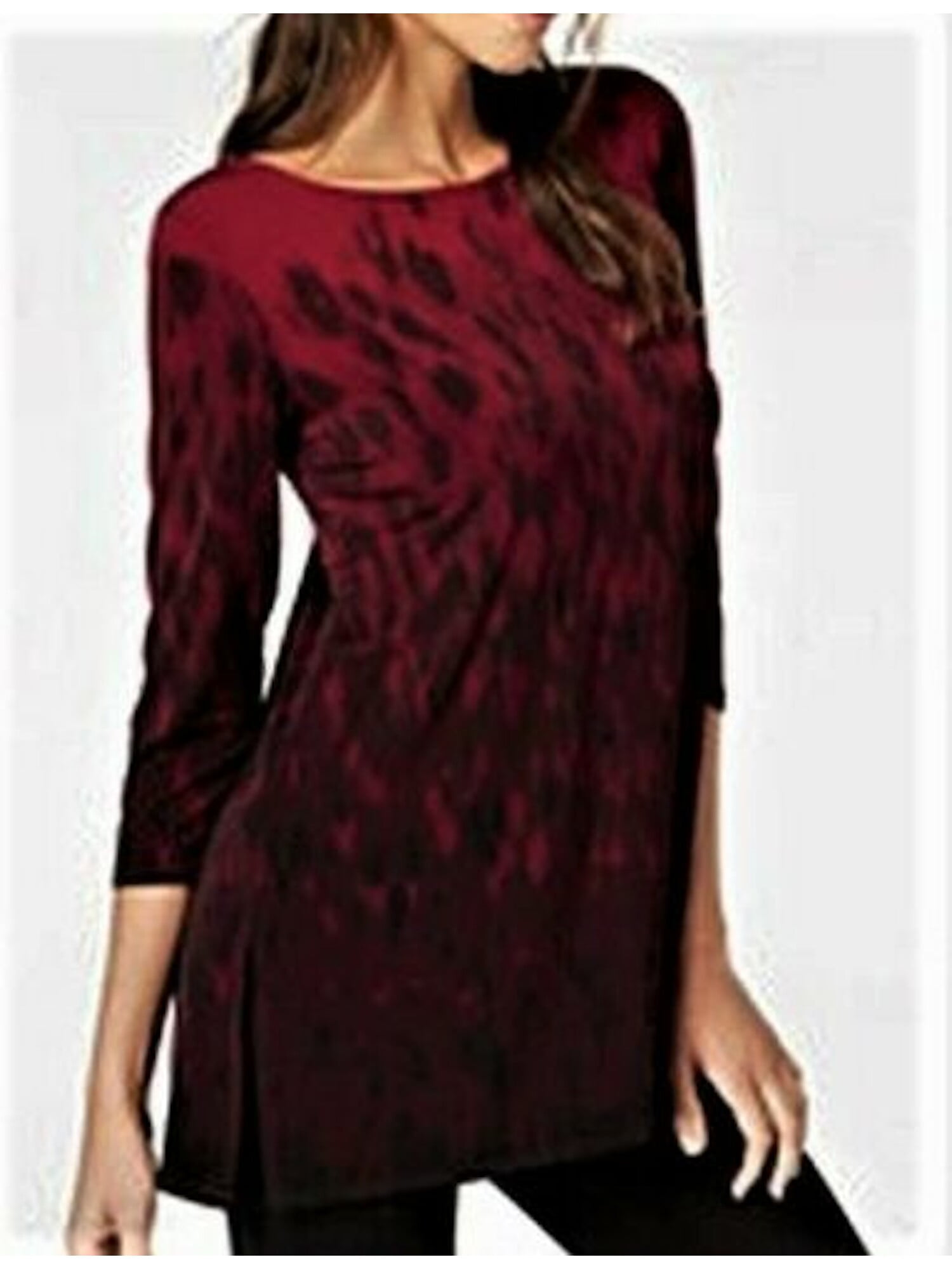Photo 1 of ALFANI Womens Burgundy Printed Long Sleeve Jewel Neck Top Size L
