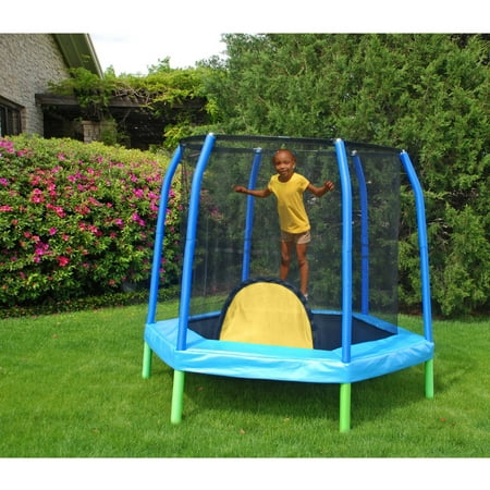 Bazoongi Hexagonal 7.5-Foot Trampoline, with Safety Enclosure, Blue
