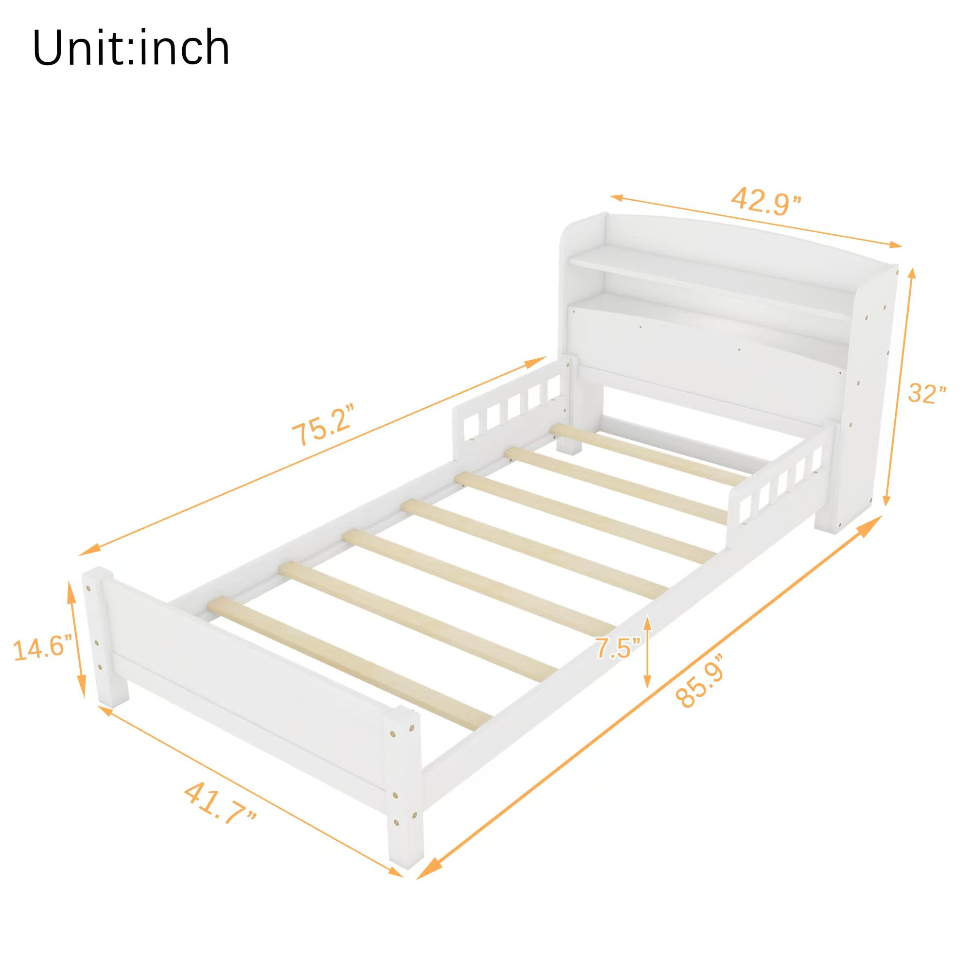 Sailvan Twin Pine Wood Bed with Bookcase Headboard ,LED Motion Sensor Light, Guardrails