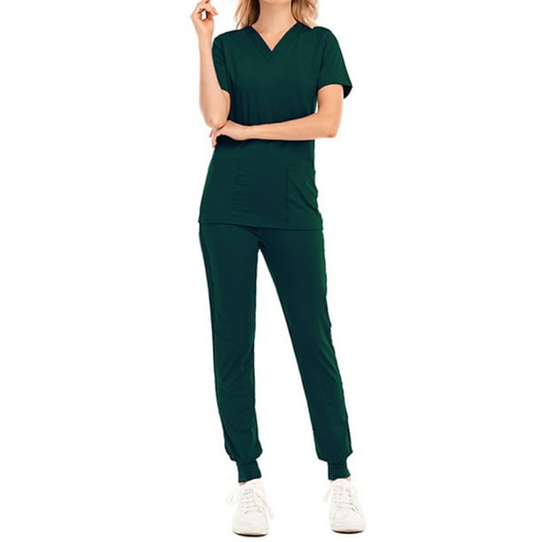 Bellella Dames Slim Scrub Tops+pantalons Poches V Cou Costume Bureau Médical Ensemble Vert Noirâtre XL