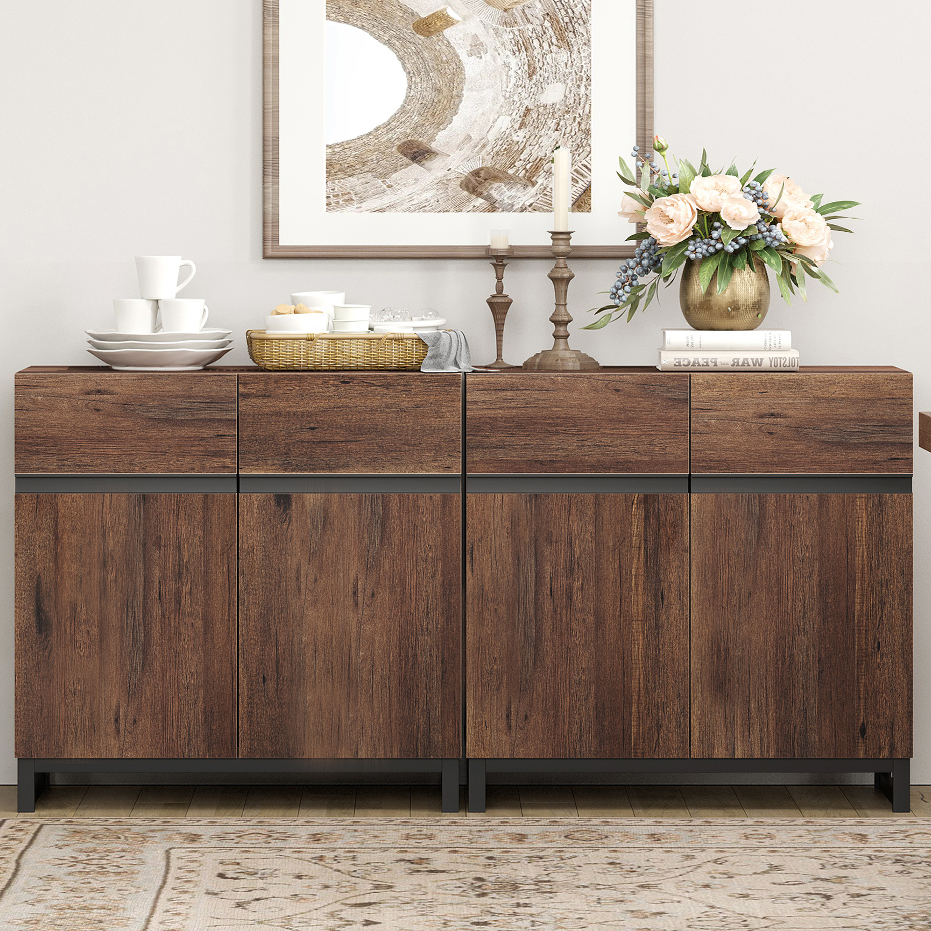 63"Modern 2-in-1 Multifunctional Sideboard Buffet with Adjustable Shelf & Metal Base, Wood Grain,Brown