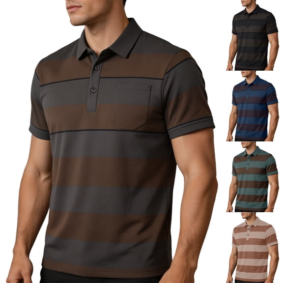Mens Muscle Henley Shirts Ndbuld Middle Aged Mens Shortsleeved Tshirt Summer Style Casual Breathable Lapel Striped Half-sleeved Shirt Mens Top Khaki M
