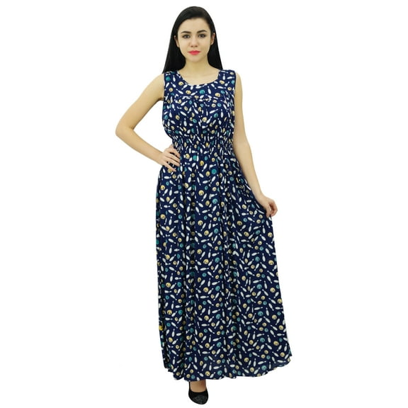 Bimba Women's Smocked Waist Maxi Dress Bowling Print Casual Summer Rayon Gown