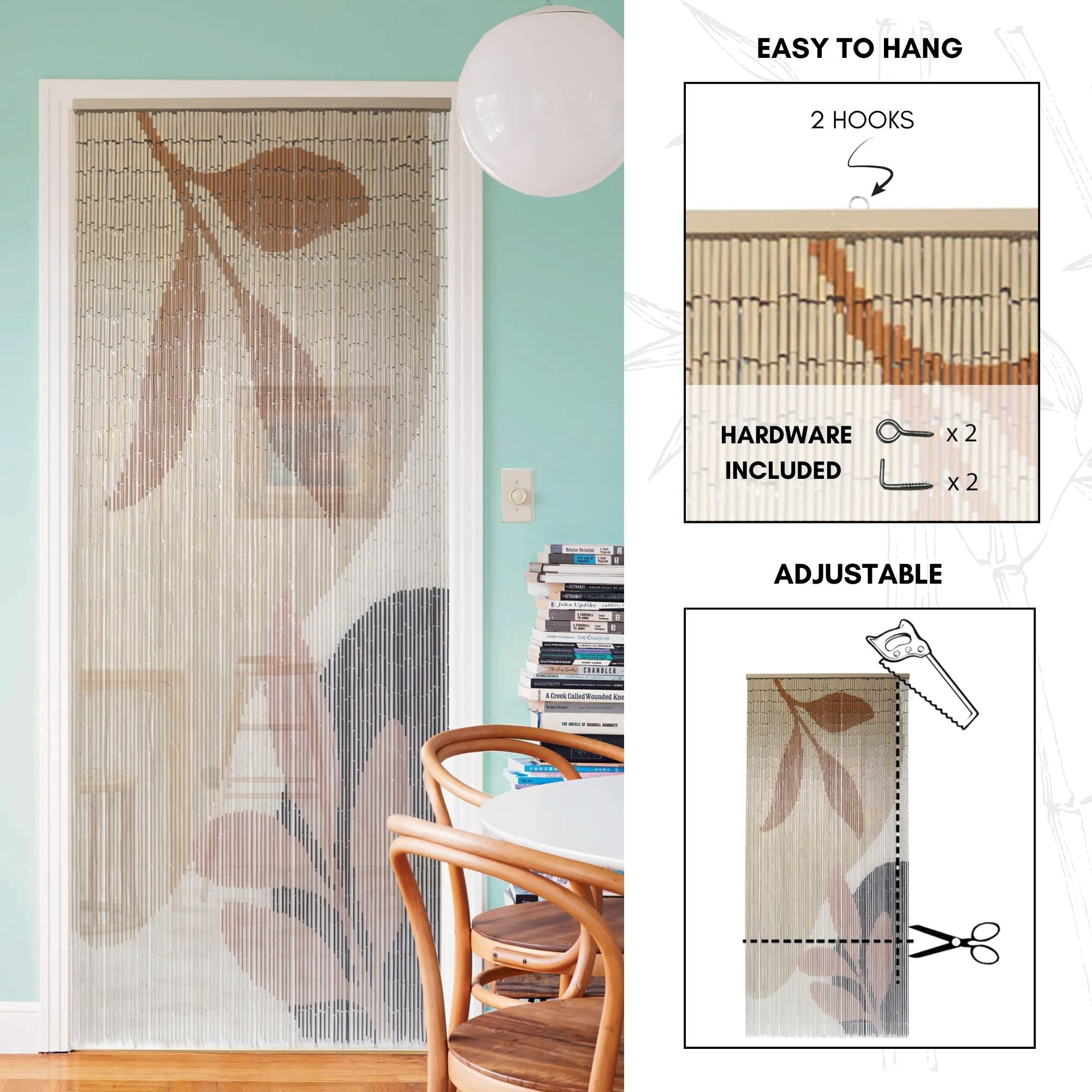 Decorative Beaded Door Curtain - Beige Autumn Leaves Design, 36 x 79 Inches, Natural Bamboo Beads for Doorways, Room Dividers and Home Decor - Handcrafted, Easy to Install
