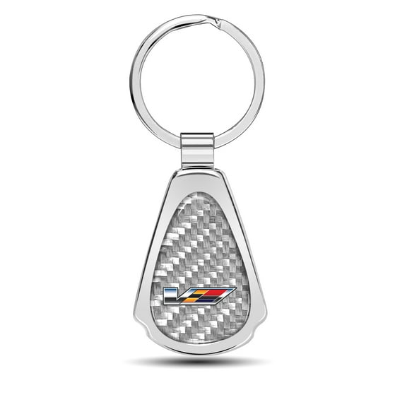 iPick Image for Cadillac V Logo Real Silver Dome Carbon Fiber Chrome Metal Teardrop Key Chain, Official Licensed
