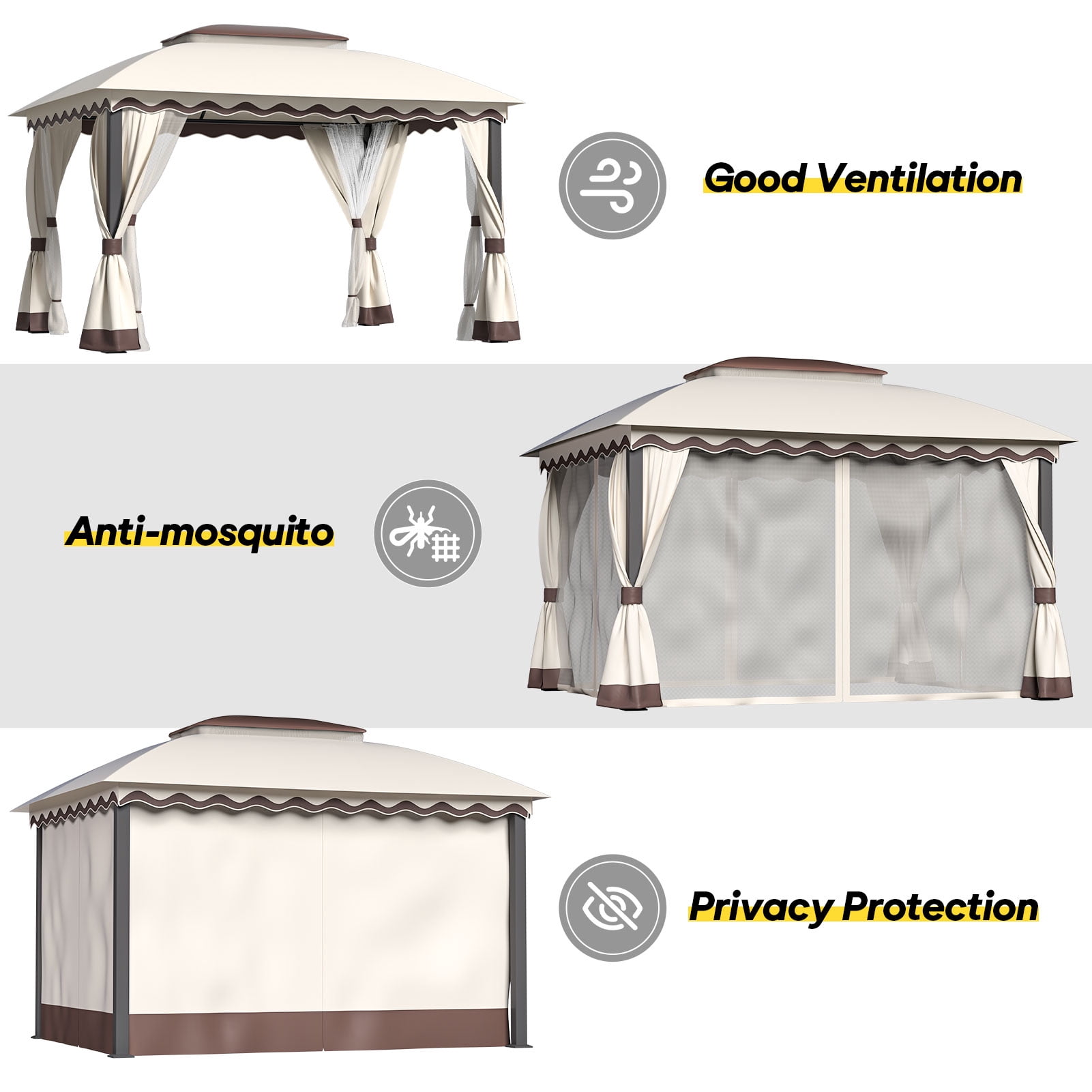 YIKEMA 10×13 Heavy Duty Outdoor Gazebo with Mosquito Netting & Double Roof, Khaki