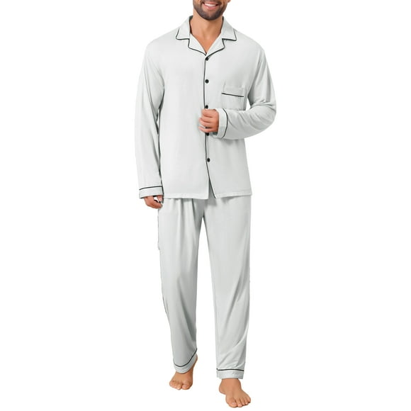 INSPIRAR CHIC Conjunto de Pijamas Casuales de 2 Piezas de Manga Larga en Color Sólido con Botones para Hombre M Blanco Gris
