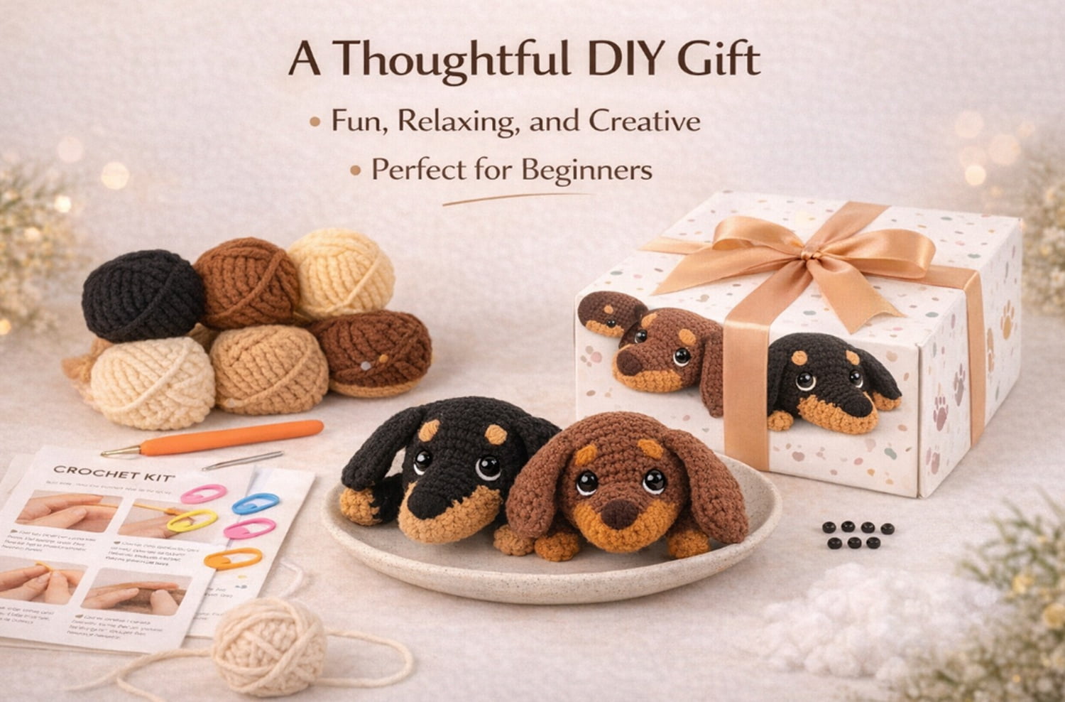 2 Pack Dachshund Crochet Kit for Beginners, Dog Amigurumi Starter Set with Step by Step Video Tutorials, TIKA