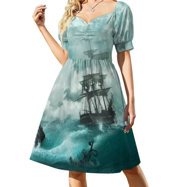 Vestido de manga corta azul océano con diseño de barco naufragado y tormenta, vestidos de verano para mujer
