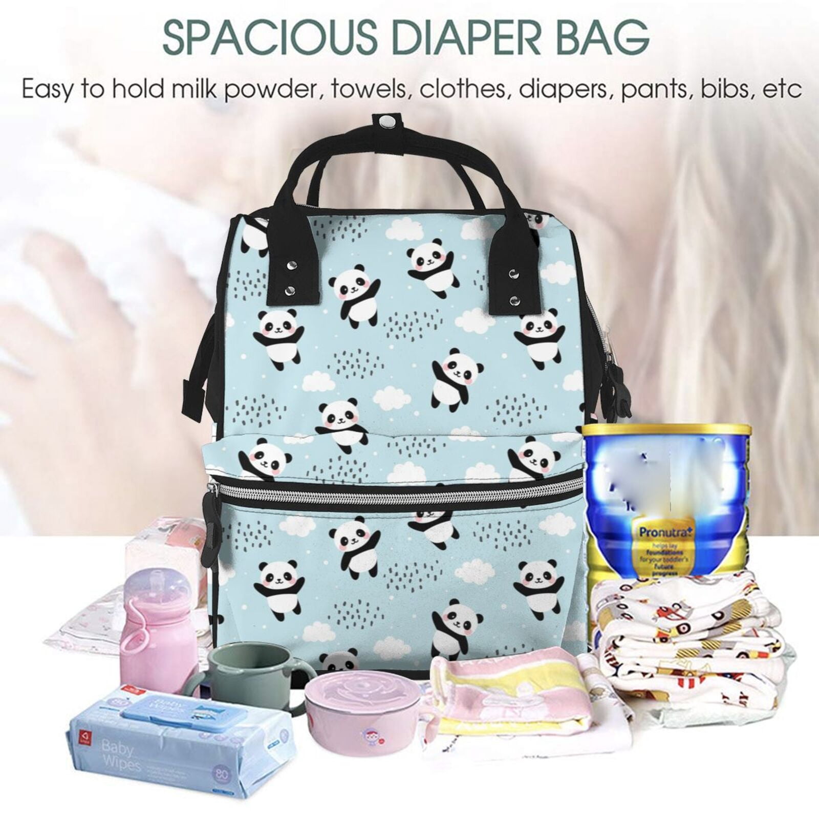 Ratiio Cute Panda Bear Mummy Backpack - Waterproof Twill Canvas, Large Capacity Diaper Bag with Multiple Pockets and Adjustable Straps