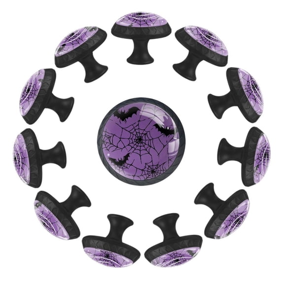 12 Pack Round Glass Drawer Knobs For Kitchen Cabinet With Screws, Halloween Spider Web and Bat Purple Background Crystal Diamond Shaped Cupboard Knobs For Kitchen Office Bathroom