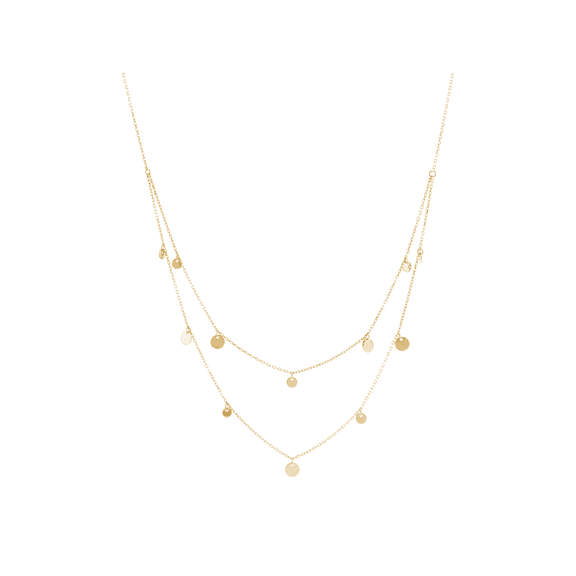 Welry 14kt Yellow Gold Double Layered Necklace with Disc Dangles, 16" 1"