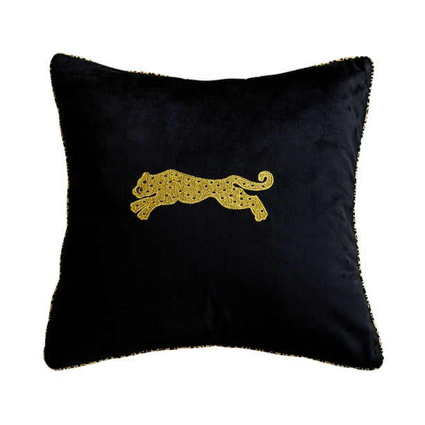 Almohada decorativa de lujo bordada en negro y dorado con leopardo