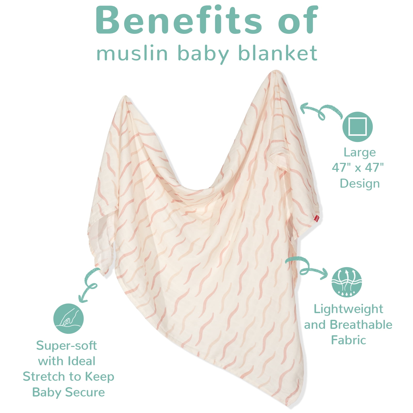 HECCEI Baby Muslin Swaddle Blankets 47" x 47", Bamboo Cotton Unisex Swaddle Blanket Newborn Essentials, Gentel Waves