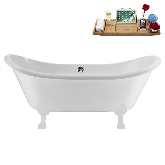71" Streamline N5100WH-CH Soaking Clawfoot Tub and Tray With External Drain in Polished Chrome and Glossy White Clawfeet