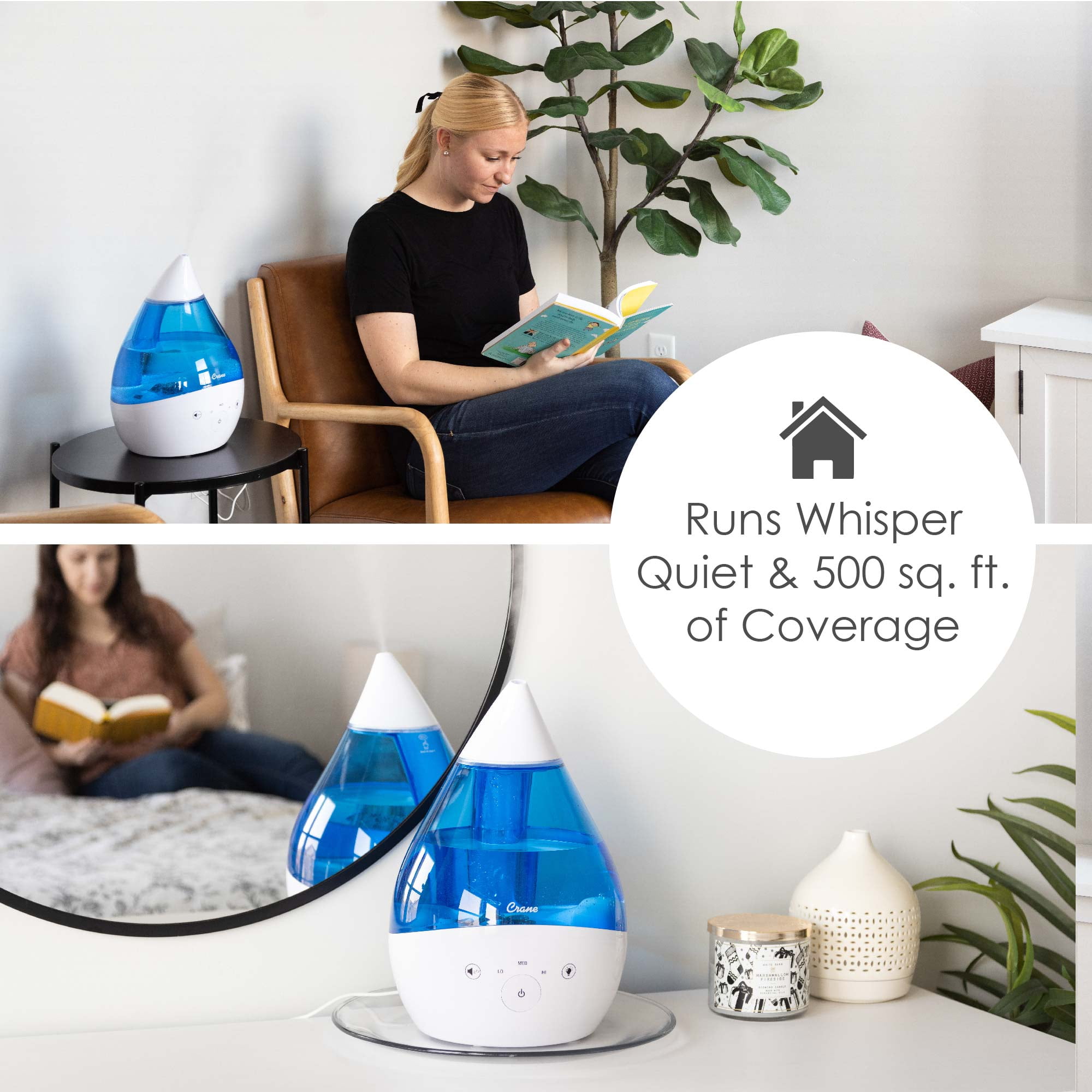 Crane Top Fill Drop 1 Gallon Ultrasonic Cool Mist Humidifier with Sound Machine and Optional Nightlight - Blue & White