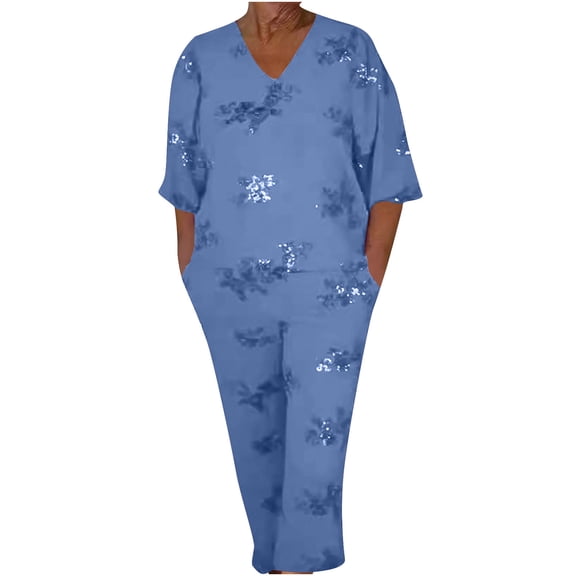 Two Piece Sets for Women Plus Size Printed Short Sleeved Shirt with Elastic Waistband and Pocket Pants Set