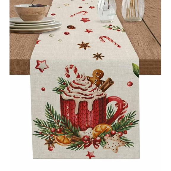ERUNPONLY Christmas Table Runner - 72 Inch Long Winter Xmas Ice Cream Pine Leaves Star Beige Cotton and Linen Blended Dress Scarves Farmhouse Table Runner for Kitchen Dining, Coffee Table, 16"x72"