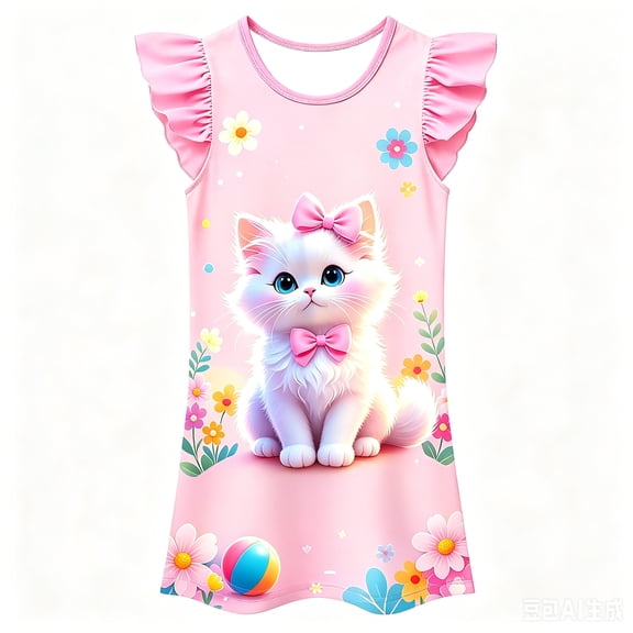 Ruiwil Toddler Girls Nightdress Size 3-4 Years Cute Cat Print Flutter Sleeve Crew Neck Clothes Summer School Casual Fashion Girls Sleep Dress Pink