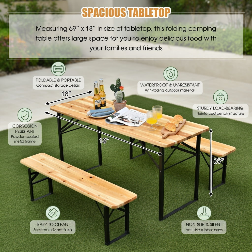 Hommoo 3-Piece Folding Wooden Picnic Table & Bench Set, Rustic Fir Wood Top with Iron Frame, Indoor/Outdoor Use, Natural