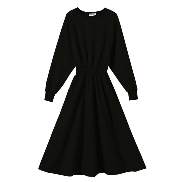Laklulu Vestido midi de manga larga con cinturón para mujer, invierno, otoño, negro, XXL