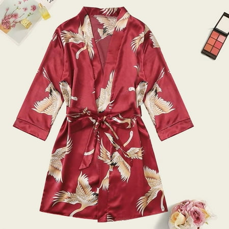 Dihao Robes for Women Plus Size Women Robe Lightweight 3/4 Sleeve Knit Bathrobe Summer Soft Knee Length Sleepwear Robes V Neck Printing Satin Silk Pajamas Women Nightdress Lingerie Robes