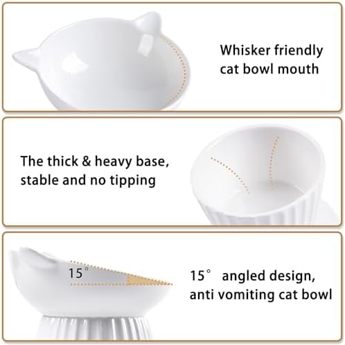 Ceramic Raised Cat Bowl，Tilted Raised Cat Bowl Anti Vomit Cat Bowls for Indoor Cats Whisker Friendly Pet Feeder for Cats Puppies, Microwave and Dishwasher Safe