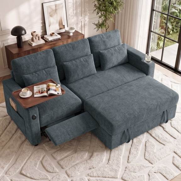 Aenkyo 81" 3-in-1 Convertible Sleeper Sofa with Pull Out Bed and Recliner, Adjustable Backrest, Blue