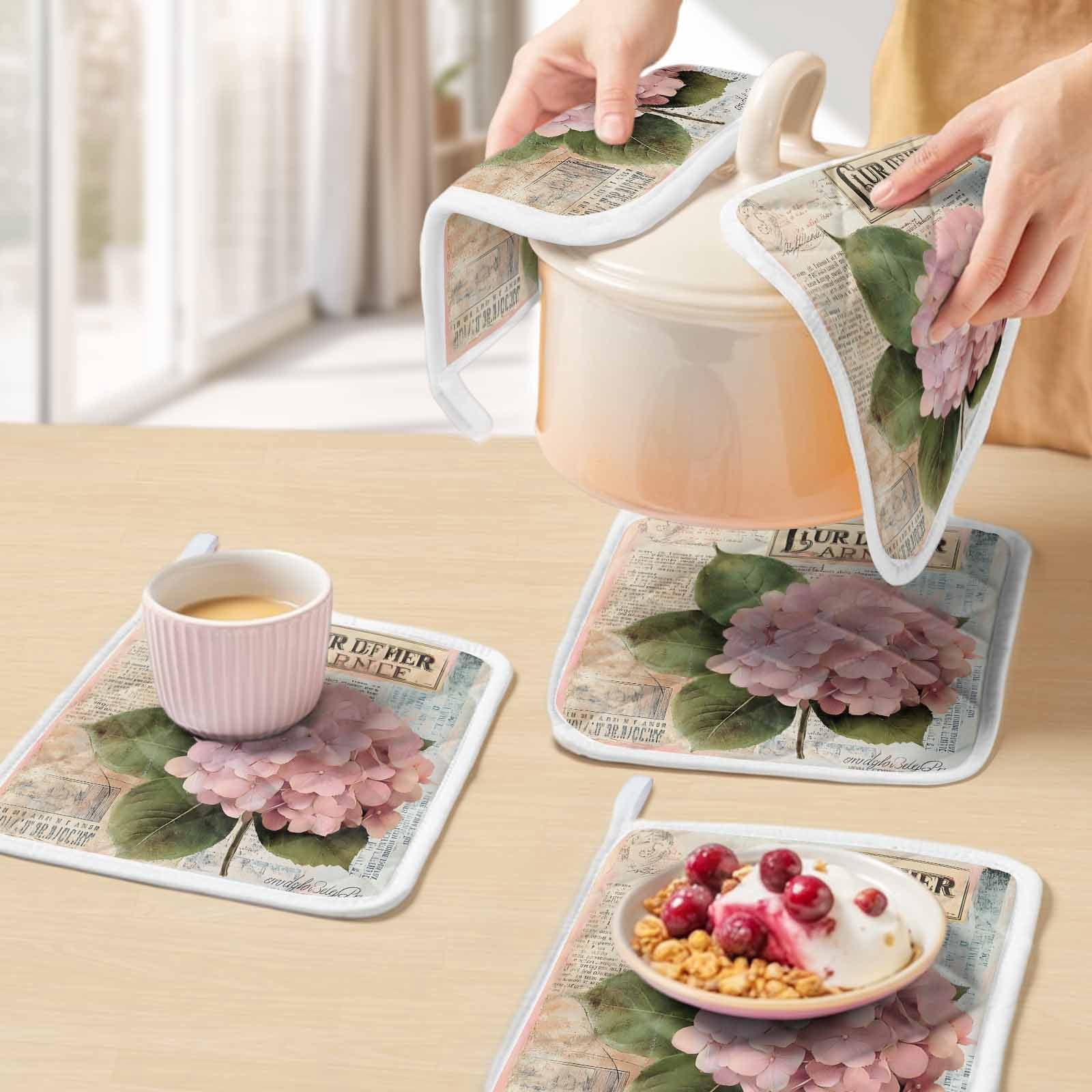 Pink Vintage Floral Pot Holders for Kitchen Heatproof Potholder, 3 Pack Summer Botanical Retro Hot Pads Multipurpose Oven Pads Cloth Potholders Trivet for Cooking Baking