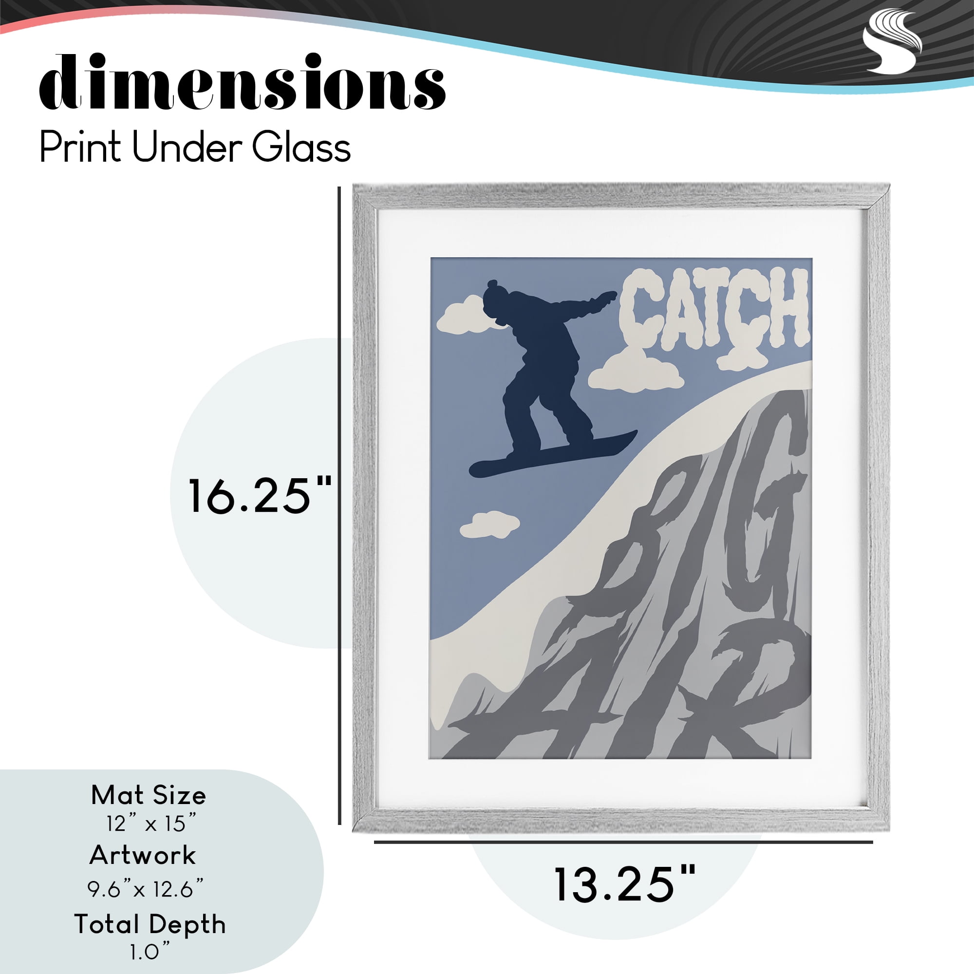 Catch Big Air Snowboard Gray Framed Print Under Glass, design by Marcus Prime