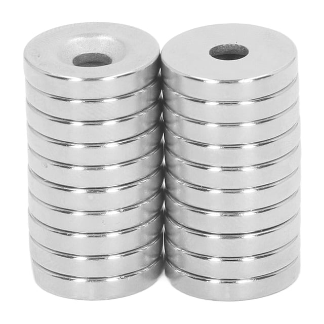 imanes de disco de neodimio zhch de 20 piezas con orificio avellanado fuerte de 4mm dos columnas de discos plateados mecanizados centrados, cada disco aprox. 15 x 3 mm con agujero M4 (≈4 mm); imán de neodimio brillante y resistente, ideal para manualidades, imanes de refrigerador, montaje en gabinete y proyectos de taller.