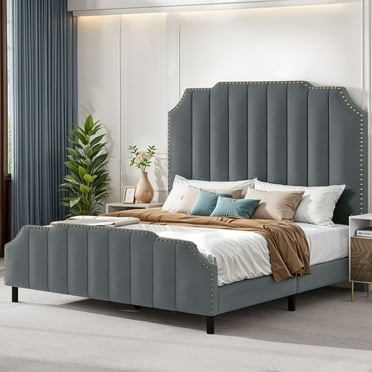 ModFusion -Modern Upholstered Queen Bed Frame, Platform Bed with 61.4'' Headboard and Wooden Slats, Easy Assembly , Gray