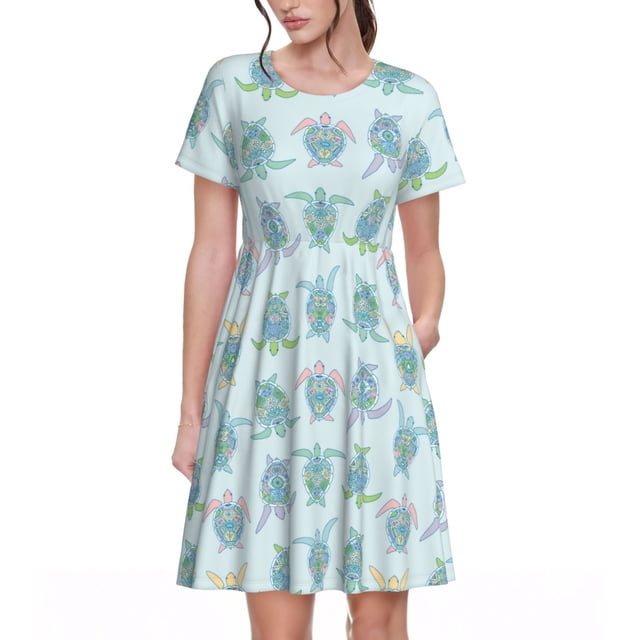 Balery Sea Turtle Vestidos sueltos de manga corta para mujer, vestidos de verano 2025, vestidos casuales de corte A con vuelo.