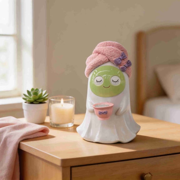 PSVFUJZ Halloween Ghost Figurine, 5.9" Resin Halloween Decor, Cute Facial Mask Ghost Sculpture Decor Pink Halloween Tiered Tray Centerpiece for Desk Mantle Shelf Tabletop Kitchen Indoor Home