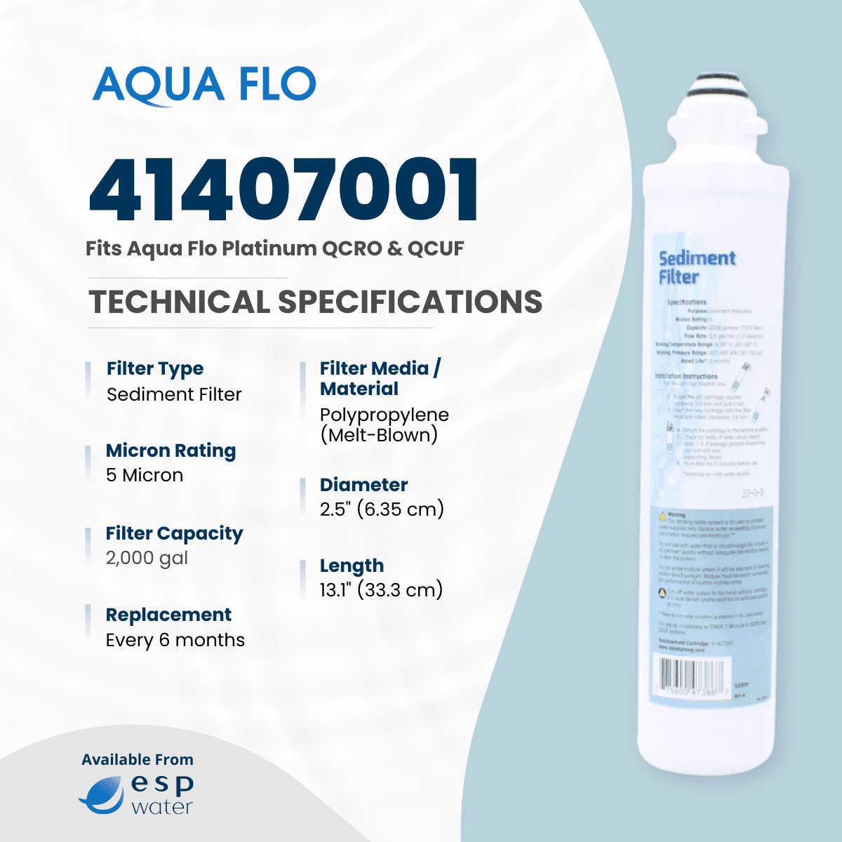 Aqua Flo 41407001 Sediment Filter – Quick Change Pre-Filter for Aqua Flo Platinum QCRO 4-Stage RO Systems – 5 Micron