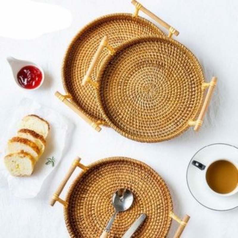 Rattan Bread Basket Handmade Round Woven Tea Tray W// Handles For Serving Dinner