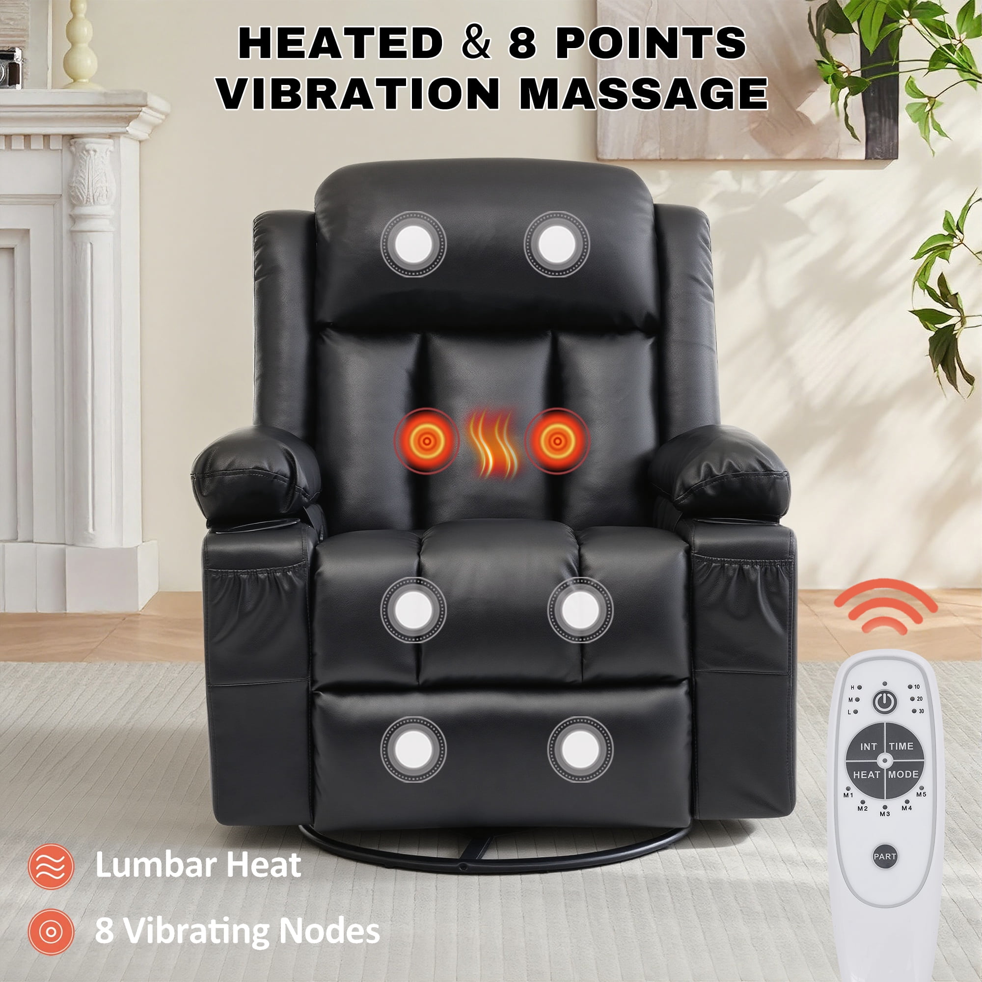 GAOHAPY Rocker Recliner Chair with Heat and Massage,360°Swivel Recliner Chair for Adults Elderly,Oversized Recliner Single Sofa Seat with 2 Cup Holders and Side Pocket(Black)
