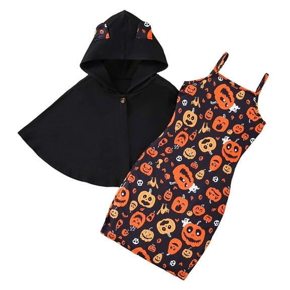 Tisuna Halloween Girls Outfit Set For Child Pumpkin Print Sleeveless Suspenders Dresses Casual Fashion Spring Autumn Girls Dress And Cape Set Black Size 9-10 Years