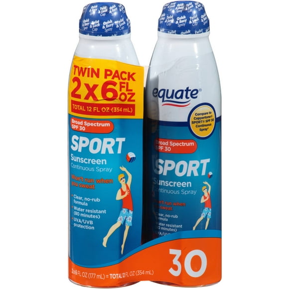 Equate Sport Sunscreen Continuous Spray, SPF 30, 6 Fl Oz, 2 Pk