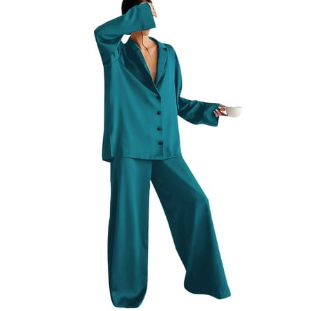 

Wrcnote Women Pajamas Sets Lapel Collar Sleepwear Button Down Nightwear Shirt Wide Leg Lounge Set Solid Color Light Green S