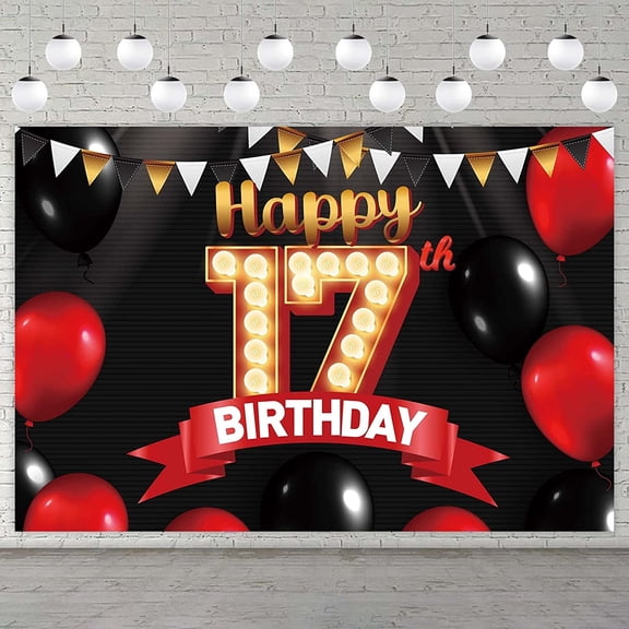 Happy 17th Birthday Black Banner Decorations Gold Backdrop Red and Black Balloons Theme Decor for Girls Women Princess 17 Years Old Birthday Party Supplies