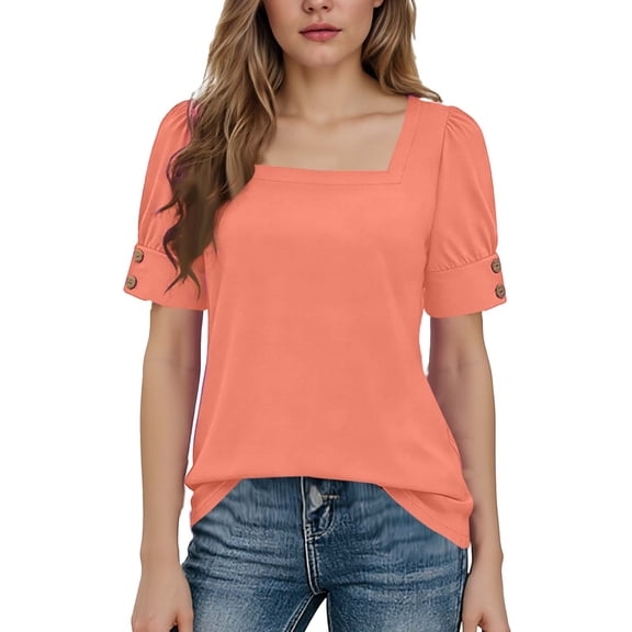 U Neck T Shirts for Women 2026 Summer Casual Button up Short Sleeve Tops Slim Trendy Going out Shirtss