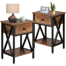 VECELO (Sets of 2) X-Design Nightstand with Drawer & Storage Shelf, Side End Table, Rustic Brown