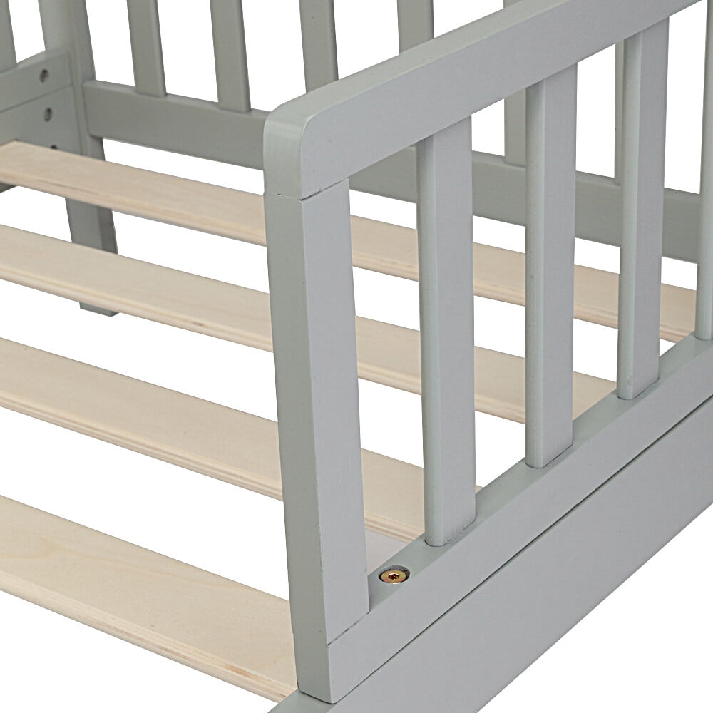 Wooden Baby Toddler Bed Children Bedroom Furniture with Safety Guardrails Gray